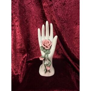 Vintage Vanity Decor - Porcelain Hand Ring Holder – 3D Sculpted Pink Rose